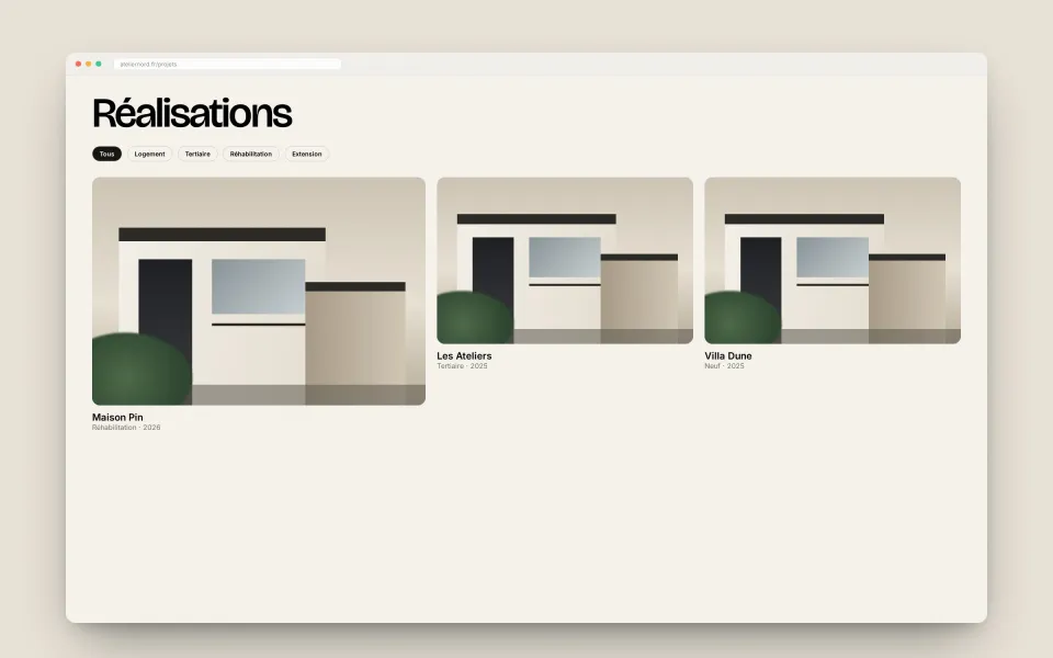 Page des réalisations avec filtres par type de projet
